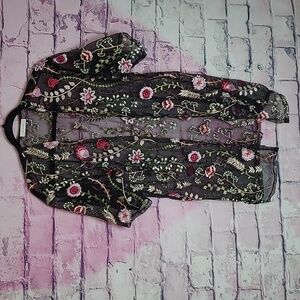 GLANCE BLACK MESH ALLOVER BOLD BOHO COLORFUL FLORAL LEAF EMBROIDERED SHEER TOP M